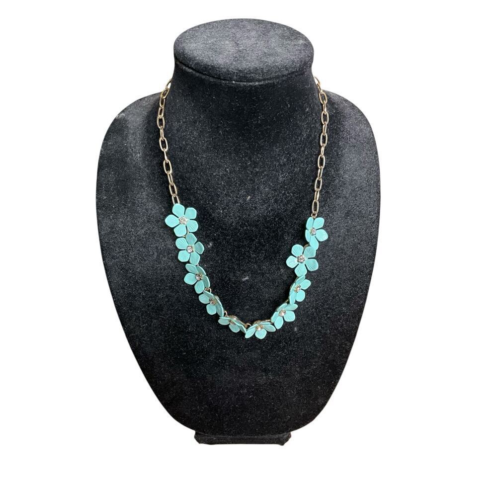 Womens Teal Metal Flowers Crystal Center Necklace 20" Long Gold Tone Chain NEW